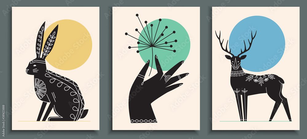 Abstract poster collection with hand holding flower, animals: deer, hare. Set of contemporary Scandinavian print templates. Ink animals with floral ornament and geometrical shapes on the background. - obrazy, fototapety, plakaty 