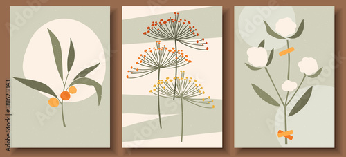Collection of contemporary art posters in pastel colors. Abstract geometric elements and strokes, leaves and berries, olive, tangerine. Great design for social media, postcards, print.