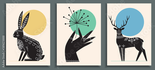 Abstract poster collection with hand holding flower, animals: deer, hare. Set of contemporary Scandinavian print templates. Ink animals with floral ornament and geometrical shapes on the background.