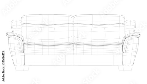 Wireframe of a polygonal sofa made of black lines isolated on a white background. 3D. Vector illustration