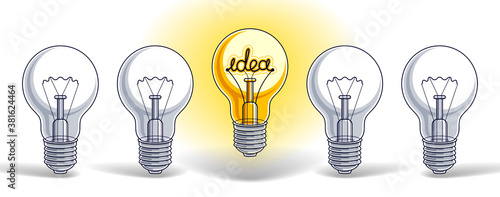 Light bulbs beautiful vector illustration with single one shining, idea concept, think different, stand out of crowd, creative inspiration.