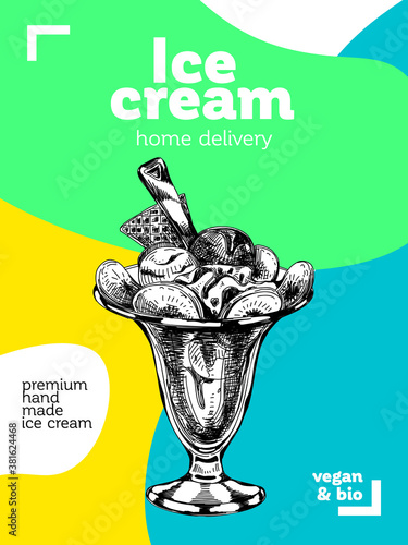 Ice cream sundae, retro hand drawn vector illustration.