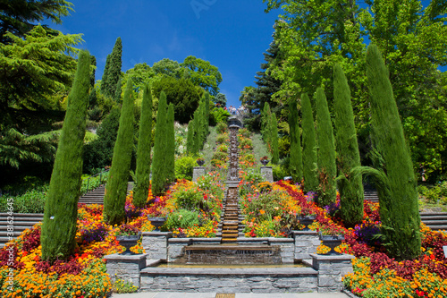 Italy Flower stairs and bed of flowers, Mainau Island, Baden-Württemberg, Germany, Europe
