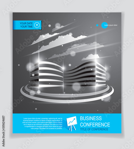 Futuristic building ad, modern vector architecture brochure with blurred lights and glares effect. Real estate realty business center grey design. 3D futuristic facade business conference template.