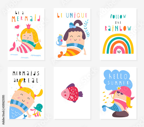 Posters set for nursery design. Cute mermaids, sea creatures and fish. Vector illustration. Kids print for baby clothes, greeting card, wrapping paper. Lettering, motivational quotes.