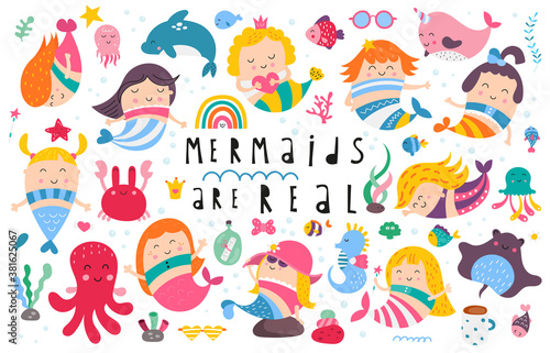 Little mermaids collection isolated on white background. Hand drawn. Doodle cartoon underwater elements, fishes and animals for nursery posters, cards, kids t-shirts. Vector illustration.