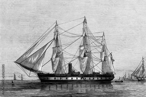 Spanish navy, frigate Lealtad. Antique illustration. 1865.
