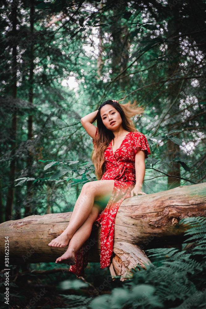 Beautiful Asian woman wearing red dress sitting on a big log in a forest Beautiful Asian woman wearing red dress sitting on a big log in a forest