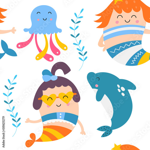 Little mermaid seamless pattern with cute mermaids, dolphin, jellyfish. Sea background. Vector Illustration. For wallpaper, baby clothes, greeting card, packaging. Pattern is cut, no clipping mask.