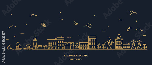 Urban landscape illustration with thin line style. Vector landscape flat line design. Vector illustration.