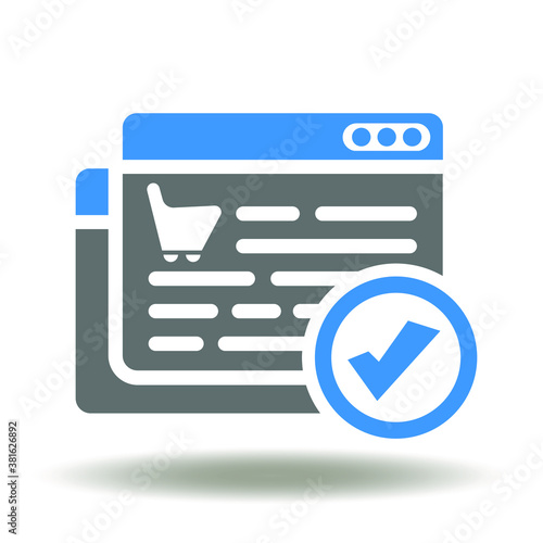 Website page shopping basket check mark icon vector. Purchase order web sign. Online Place Market Purchasing Ordering Processing Symbol.