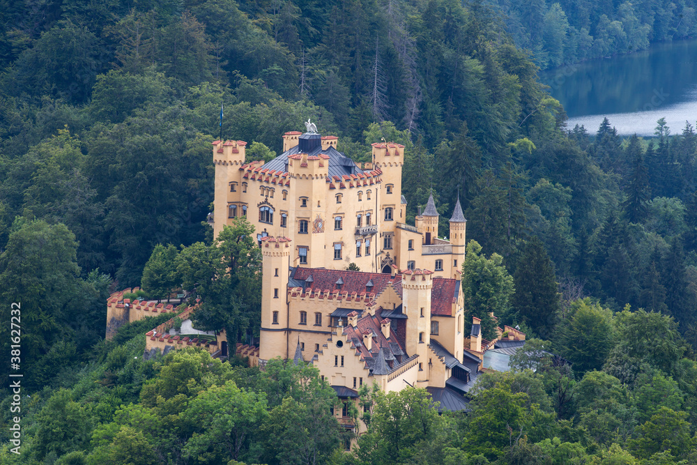 Obraz premium Hohenschwangau Castle, Alpsee, Schwangau near Füssen, Allgäu, Upper Bavaria, Bavaria, Germany, Europe