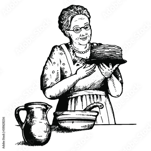 grandmother holds freshly baked pancakes on a tray, sketch, doodle, for labels, books, black and white graphics, vector illustration