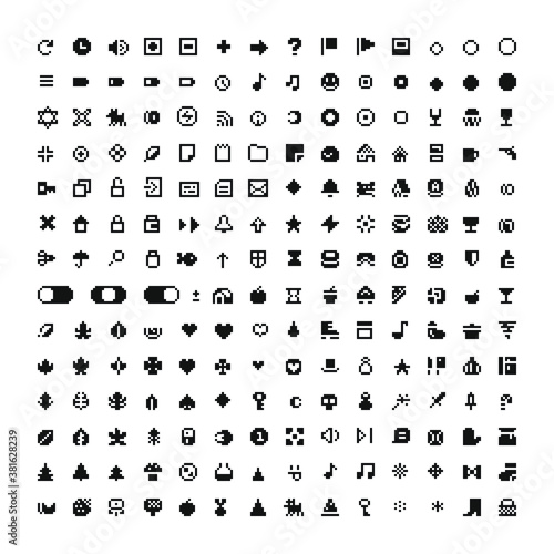Web pixel art icons big set, design for mobile interface, logo, website, app, smile.  1-bit. Music, charging, clouds, update, mail, sound, wifi, smile and security. Isolated vector illustration.