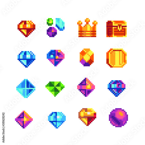 Precious stone pixel art icons set. Diamond, sapphire, topaz gemstone, crown, chest and gold coin. Isolated vector illustration. Game assets 8-bit sprite. Design stickers, logo for jewelry store, app