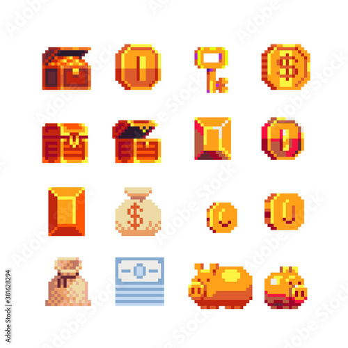 Money and gold, 8-bit pixel art web icons set. Piggy bank, golden coin and key, pirate chest, bag. Design for logo game, sticker, web, mobile app, badges and patches. Isolated vector illustration.