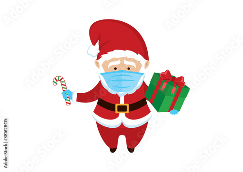 Santa Claus wearing medical mask on face to prevent Covid-19 icon vector. Santa Claus with protective mask holding gift box cartoon character. Santa with coronavirus mask icon. COVID-19 Christmas icon © betka82