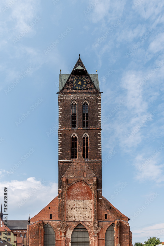 Tower of St Mary Church in historic centre of Wismar