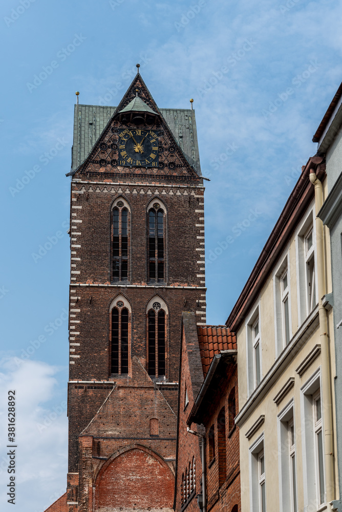 Tower of St Mary Church in historic centre of Wismar