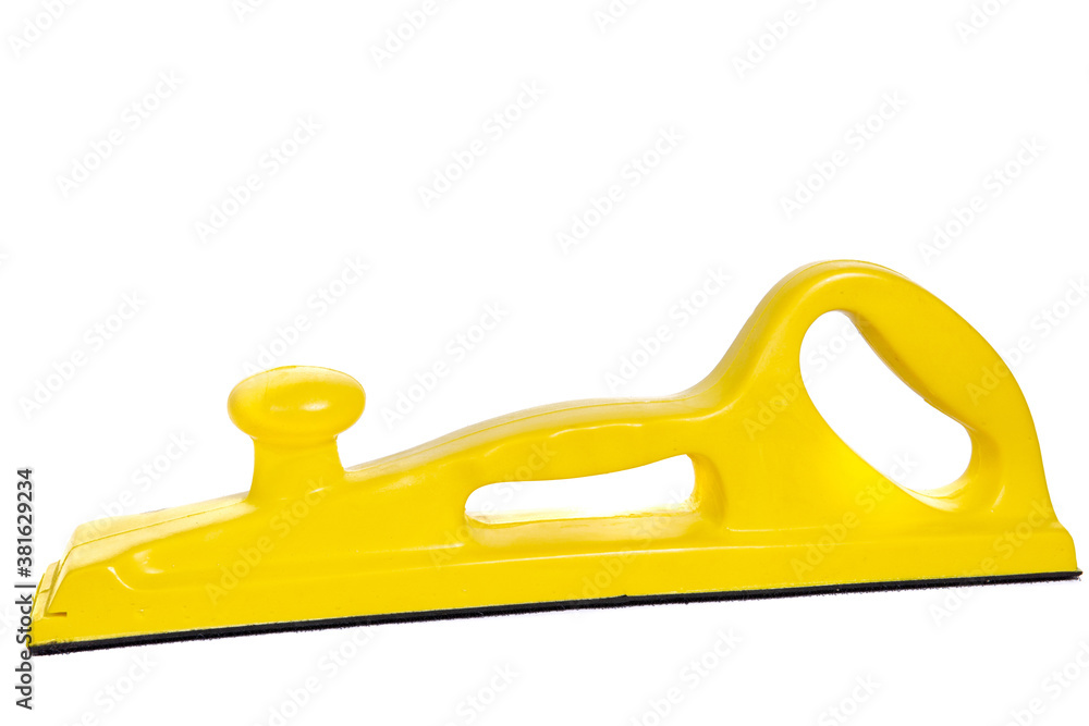 yellow sandpaper wall Sanding, paint sanding equipment, handmade isolated on white background