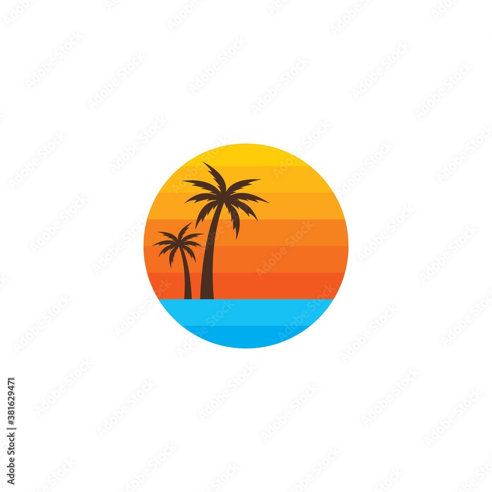 Palm tree with sunset nature icon concept illustration