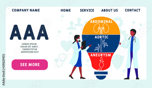 Vector website design template . AAA - Abdominal Aortic Aneurysm, acronym medical concept. illustration for website banner, marketing materials, business presentation, online advertising.