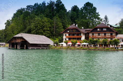 Boat houses for ferries on Koenigssee Lake, Upper Bavaria, Bavaria, Germany, Europe
