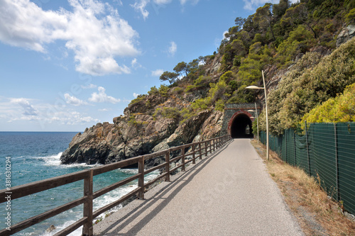 Liguria, Italy: former railway track  transformed into a promenade and bicycle lane, connecting Varazze and Cogoleto: the lungomare or passeggiata Europa photo