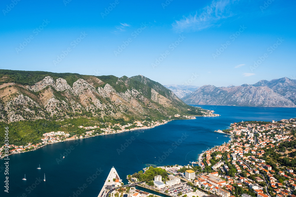 Panoramic view of Kotor old town and bay of Kotor from old castle. Balkans, Adriatic sea, Europe.