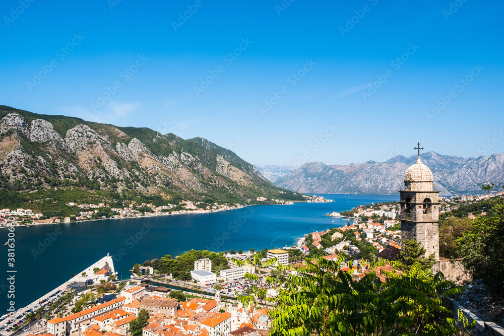 Panoramic view from of Kotor old town and church tower. Kotor bay in Montenegro. Balkans, Adriatic sea, Europe.