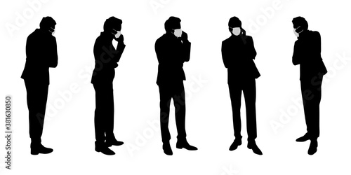 Vector concept conceptual  silhouette men working while social distancing as means of prevention and protection against coronavirus contamination. A metaphor for the new normal.
