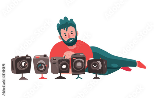 Adult photographer with a lot of photo cameras. Flat cute cartoon character, professional reporter or photojournalist at work. Creative profession and occupation. Vector illustration
