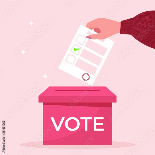 Woman’s hand places a ballot paper in a ballot box. Election concept. Flat design vector illustration