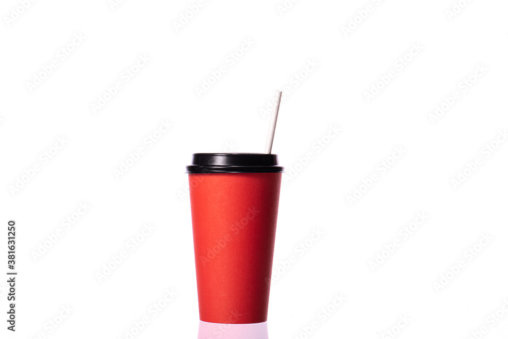 Disposable red coffee cup with paper straw isolated on white background. Coffee to go, takeaway hot drinks, coffee shop, catering business concept, eco-friendly mockup template for cafe. Copy space Disposable red coffee cup with paper straw isolated on white background. Coffee to go, takeaway hot drinks, coffee shop, catering business concept, eco-friendly mockup template for cafe. Copy space