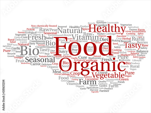 Vector concept conceptual organic food healthy bio vegetables abstract word cloud isolated background. Collage of natural  fresh tasty farm agriculture  certificate ecological garden quality crop text