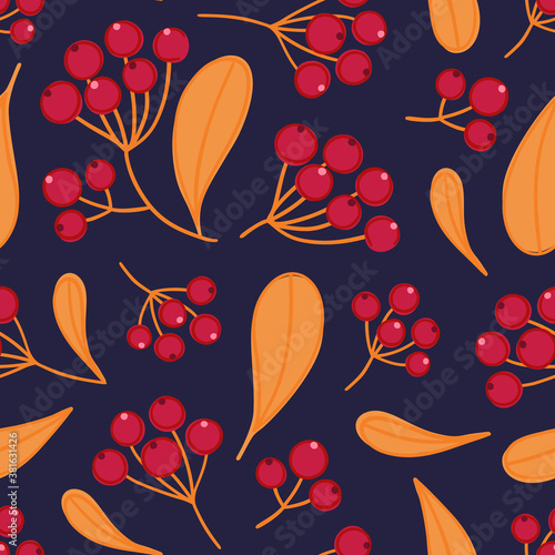 Floral seamless pattern with panicles of berries. Colorful repeating background with plant. Design for wallpaper, textiles, wrapping paper, cover notebook, header. Vector illustration, eps10