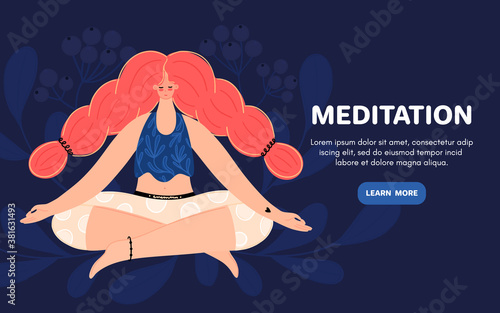 Meditating redhead woman. Concept of meditation. Girl with braids sits in the lotus position. Character design. Balance and harmony. Flat style. Banner, poster, advertising. Vector illustration, eps10