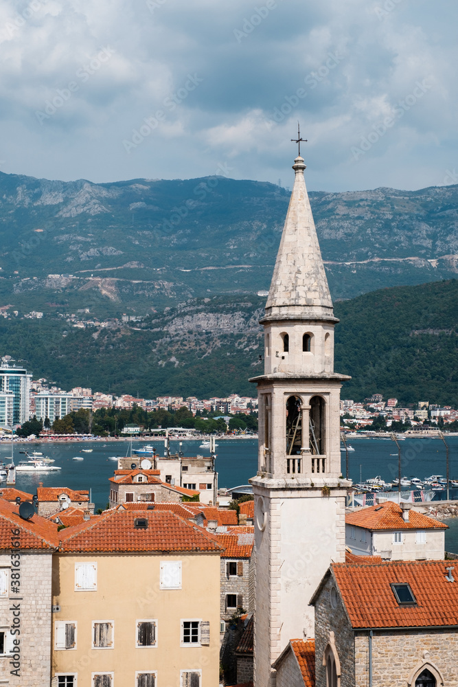 Budva old town tower, view from citadel. Montenegro, Europe.