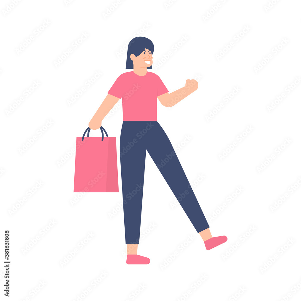 illustration of a woman walking while carrying or holding a shopping bag. shopping activities. shopaholic. beautiful and stylish. flat style. UI design elements illustration of a woman walking while carrying or holding a shopping bag. shopping activities. shopaholic. beautiful and stylish. flat style. UI design elements
