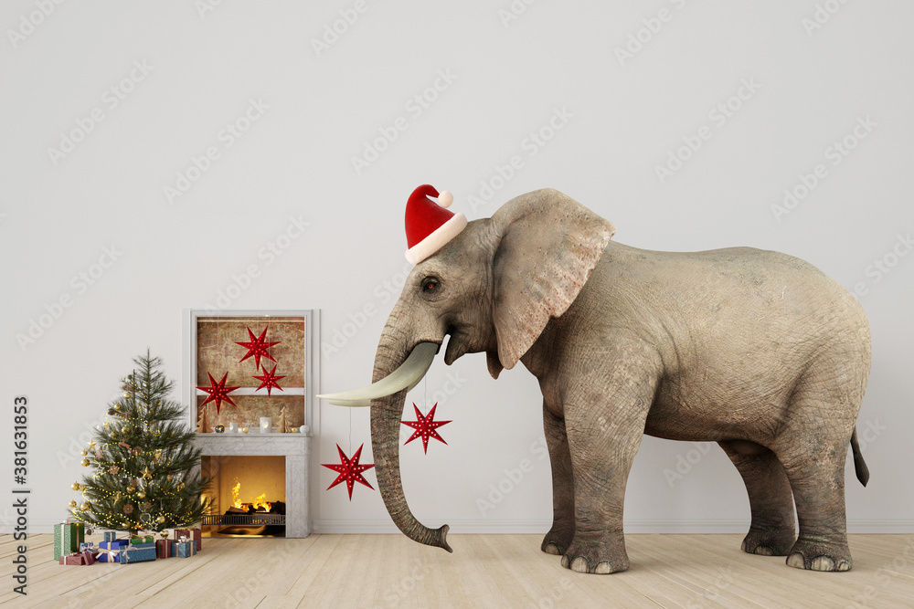Weihnachten feiern mit Elefant neben Weihnachtsbaum Stock Illustration