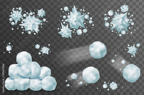 Snowball 3d. Snow splats, splashes and round white snowballs collection. Winter fun, playing with snow, children's games, throw a snowball. photo