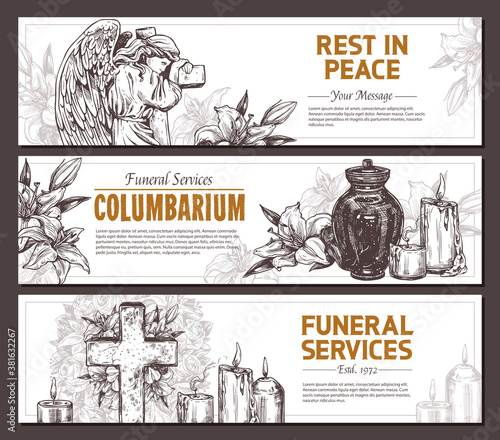 Funeral service vector hand drawn design of horizontal banners. Sketch illustration for condolence card and advertising of columbarium and cemetry with urn for ashes, vintage tombstone angel, wreath