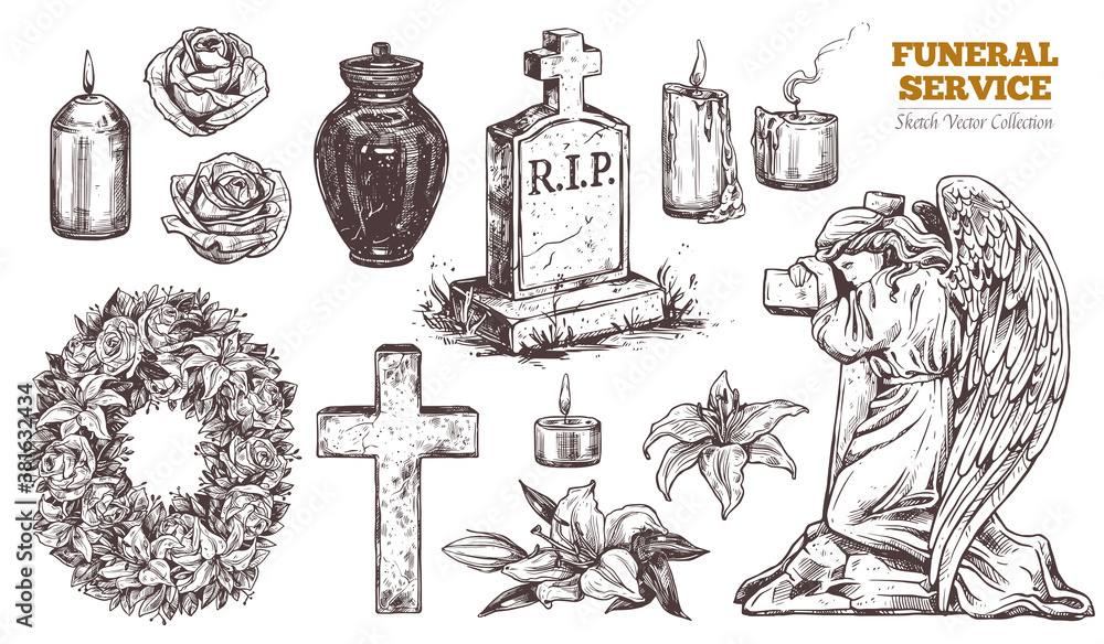 Funeral service vector hand drawn set. Attributes and symbols of