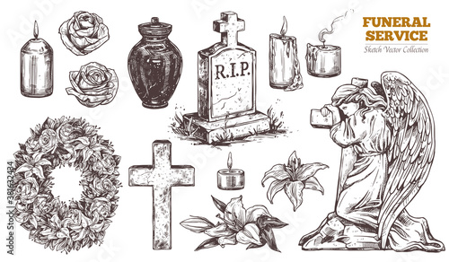 Funeral service vector hand drawn set. Attributes and symbols of condolence, loss, dead, bereavement and cemetry. Sketch of vintage stone angel, tombstone, urn, cross, resurrection