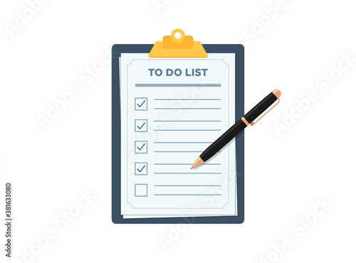 Clipboard with to do planning check list. Pen marked checklist on paper todo form flat eps vector illustration
