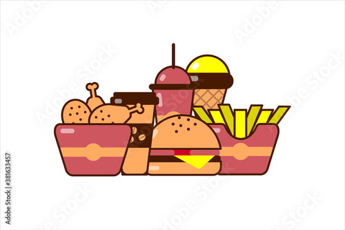 Fast food on white background. French fries, hamburger, coffee, ice cream, cocktail, chicken legs