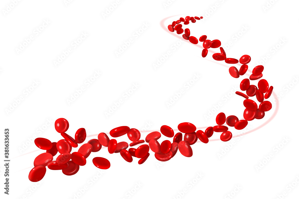 Red blood cells flowing through an artery on a white background. Vector illustration