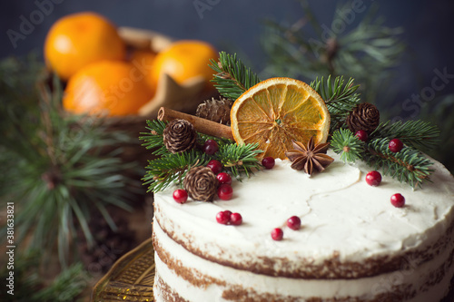 Rustic naked Christmas cake with decoration