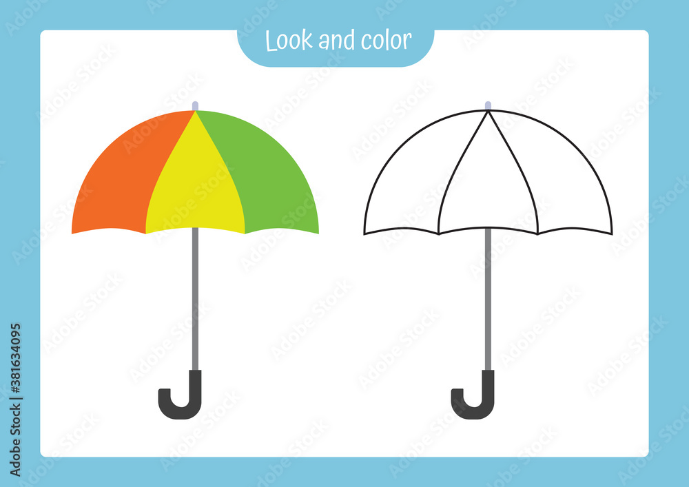Coloring page outline of umbrella with colored example. Vector illustration, coloring book for kids preschool activities.