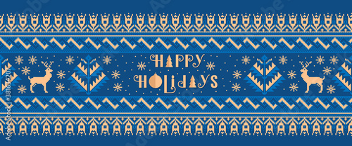 Vector illustration of Ukrainian folk seamless pattern ornament with winter symbols and Happy Holidays text. Ethnic border element. Traditional Ukrainian knitted embroidery pattern - Vyshyvanka.